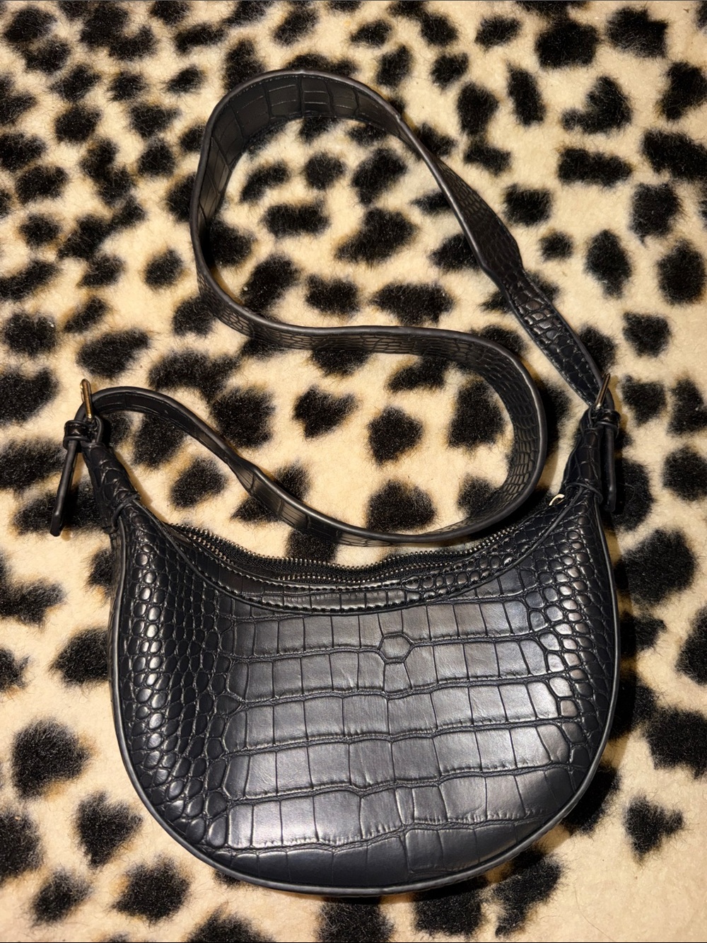 Black Croc-Embossed Leather Shoulder Bag